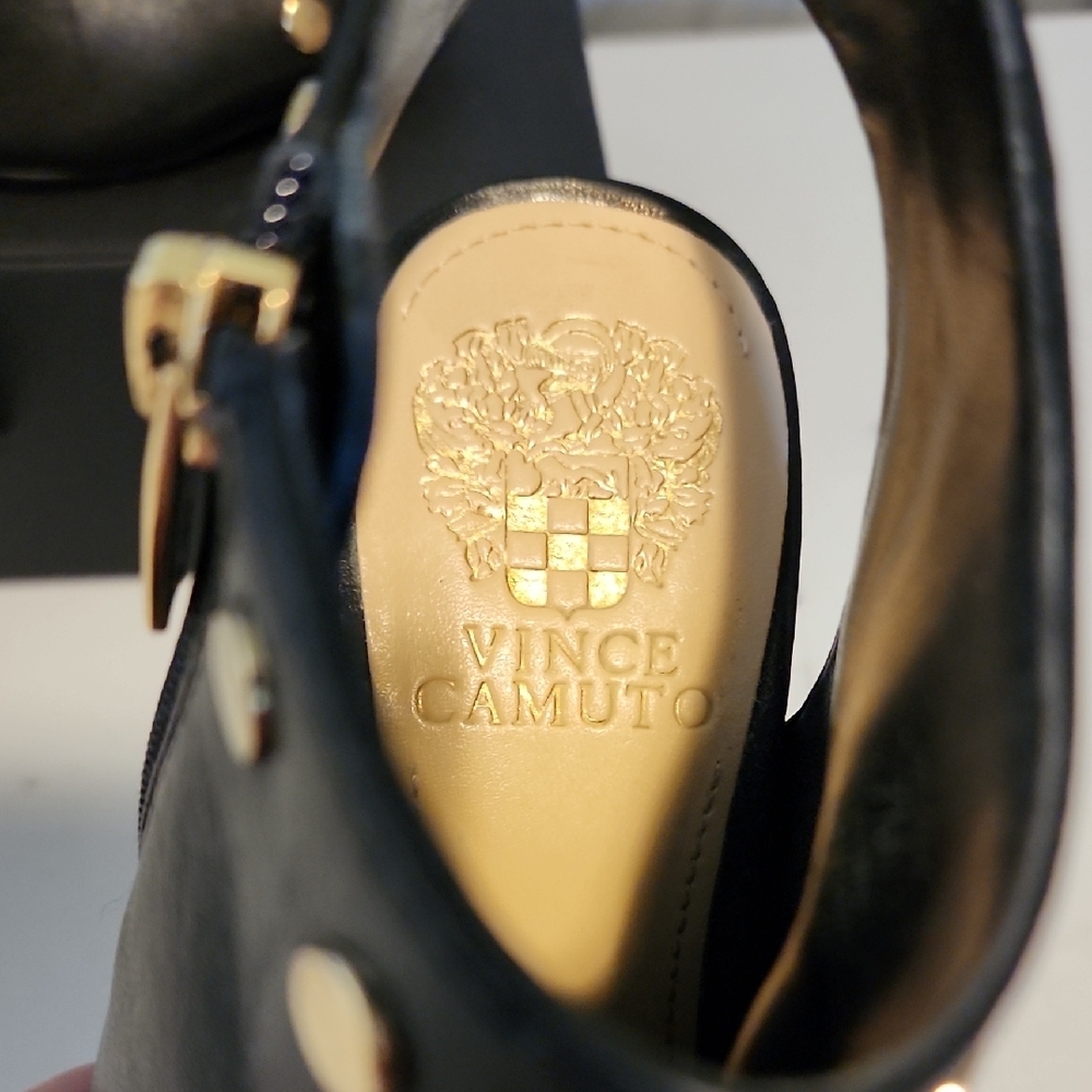 Vince Camuto Black and Gold Heeled Boots with Studded Detailing - Picture 2 of 8